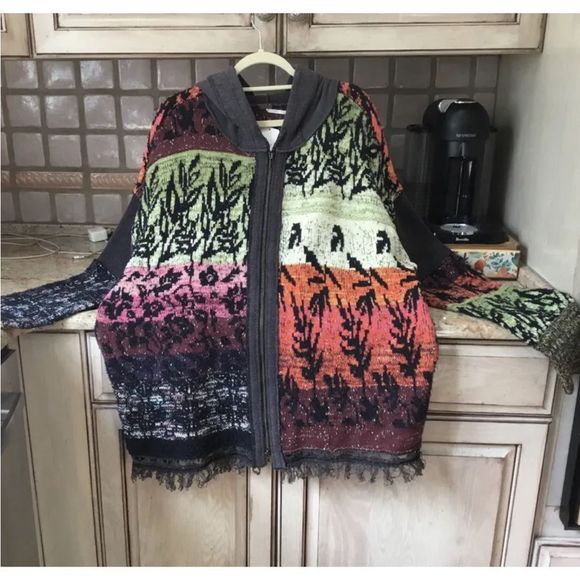 Free People Golden Hour Cardi Jacket Hooded Mixed Knit Piecing Black OrangeGreen - Picture 5 of 7